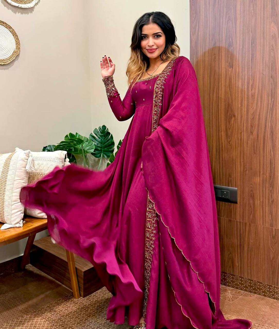 "Luxury Vichi Silk GWON with Embroidered Dupatta – Fully Stitched & Ready to Wear"