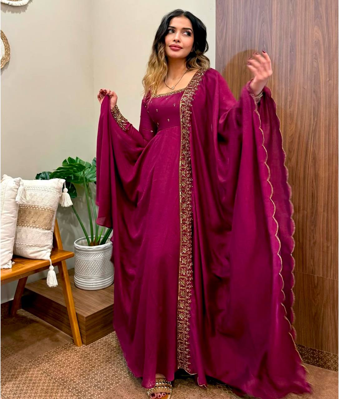 "Luxury Vichi Silk GWON with Embroidered Dupatta – Fully Stitched & Ready to Wear"