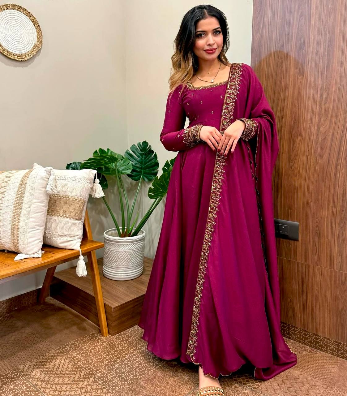 "Luxury Vichi Silk GWON with Embroidered Dupatta – Fully Stitched & Ready to Wear"