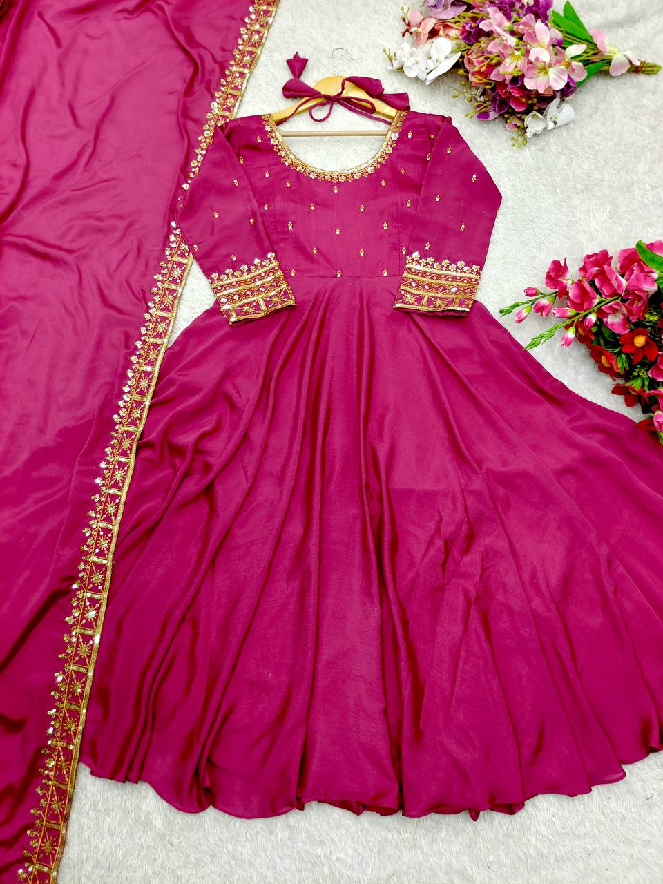 "Luxury Vichi Silk GWON with Embroidered Dupatta – Fully Stitched & Ready to Wear"