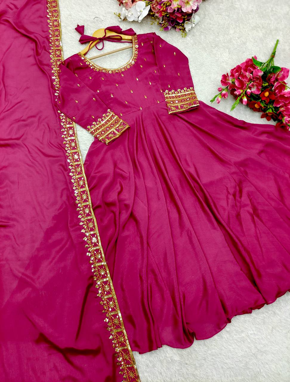 "Luxury Vichi Silk GWON with Embroidered Dupatta – Fully Stitched & Ready to Wear"