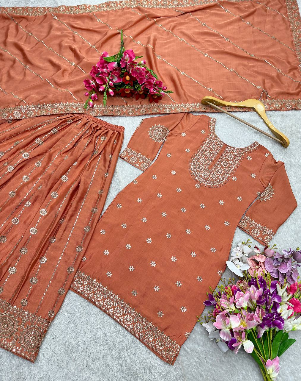 "Elegance in Silk: Embroidered Vichitra Silk Set with Dupatta and Sarara"