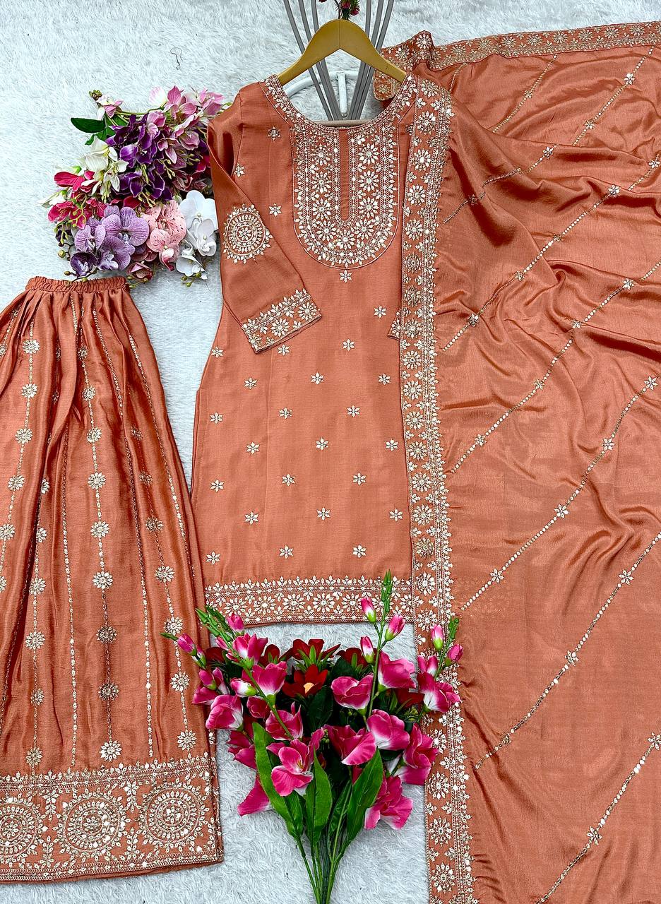 "Elegance in Silk: Embroidered Vichitra Silk Set with Dupatta and Sarara"