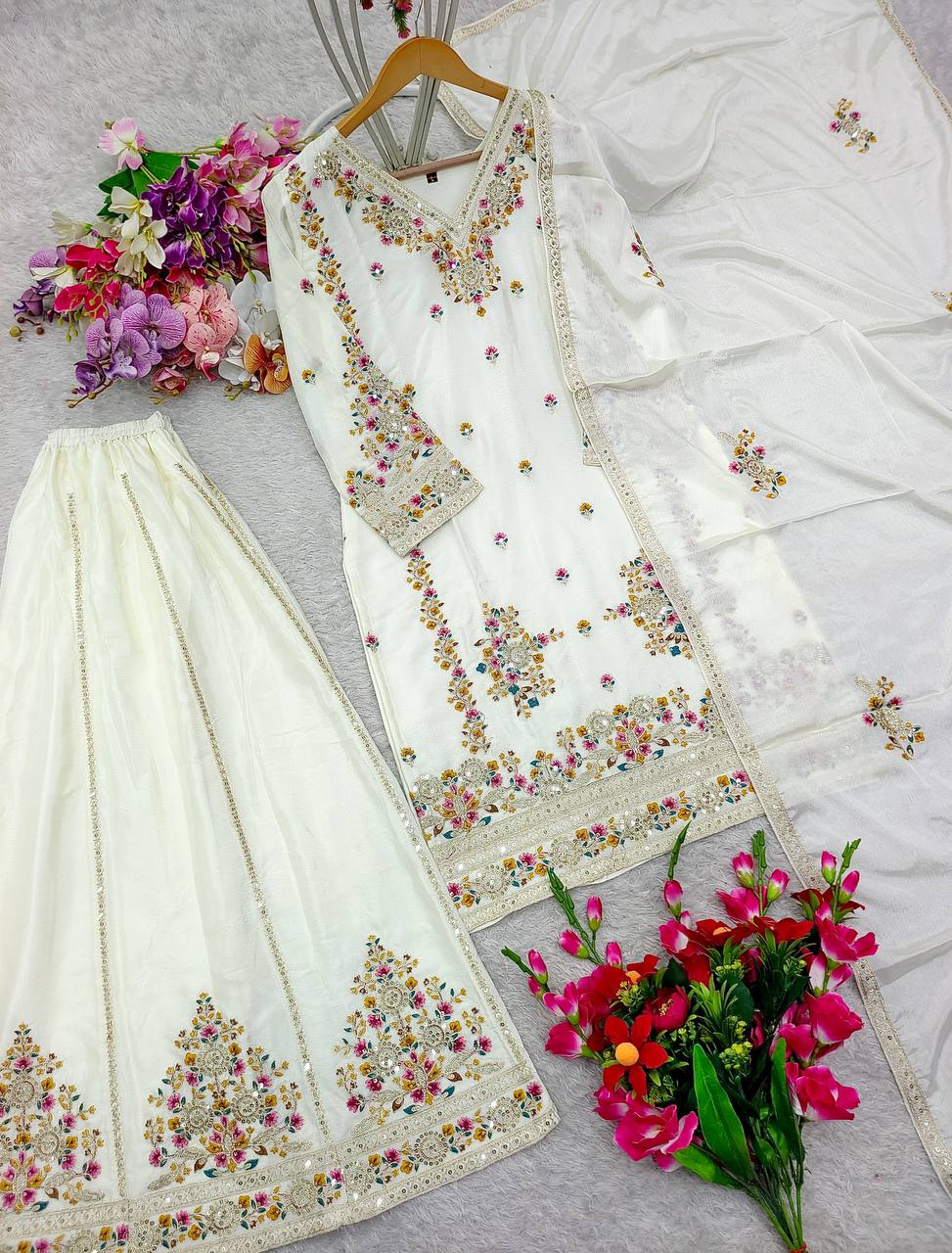 "Elegant Cinon Silk Embroidered Top, Sarara, and Dupatta Set – Fully Stitched, Ready to Wear"