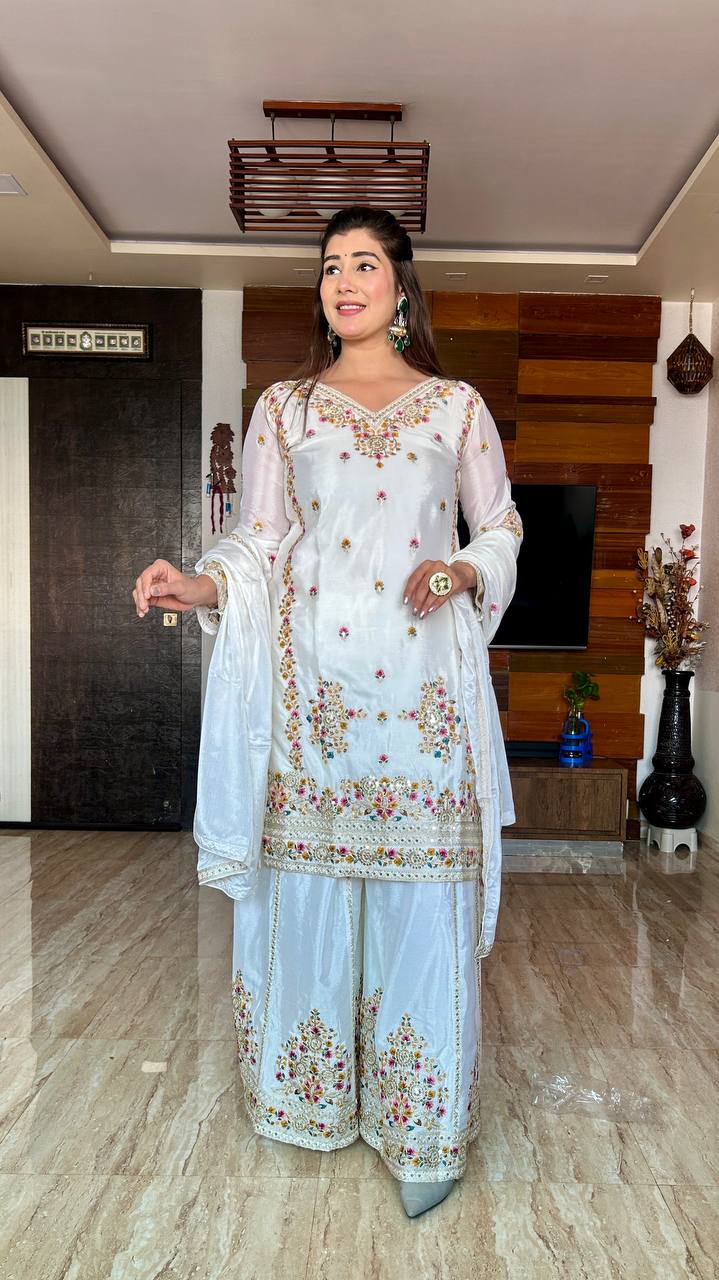 "Elegant Cinon Silk Embroidered Top, Sarara, and Dupatta Set – Fully Stitched, Ready to Wear"