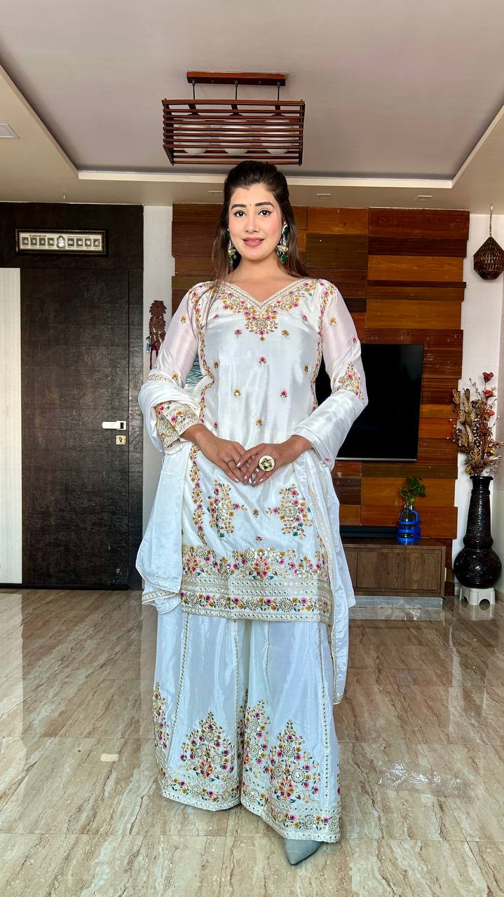 "Elegant Cinon Silk Embroidered Top, Sarara, and Dupatta Set – Fully Stitched, Ready to Wear"