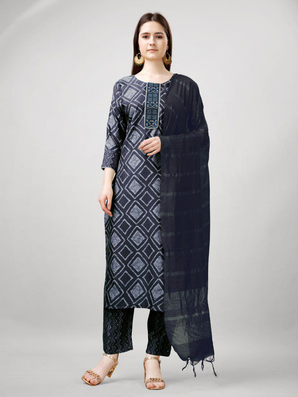 "Elegant Grey Rayon Kurti with Embroidery, Lace Details, Rayon Pants & Silk Blend Dupatta"