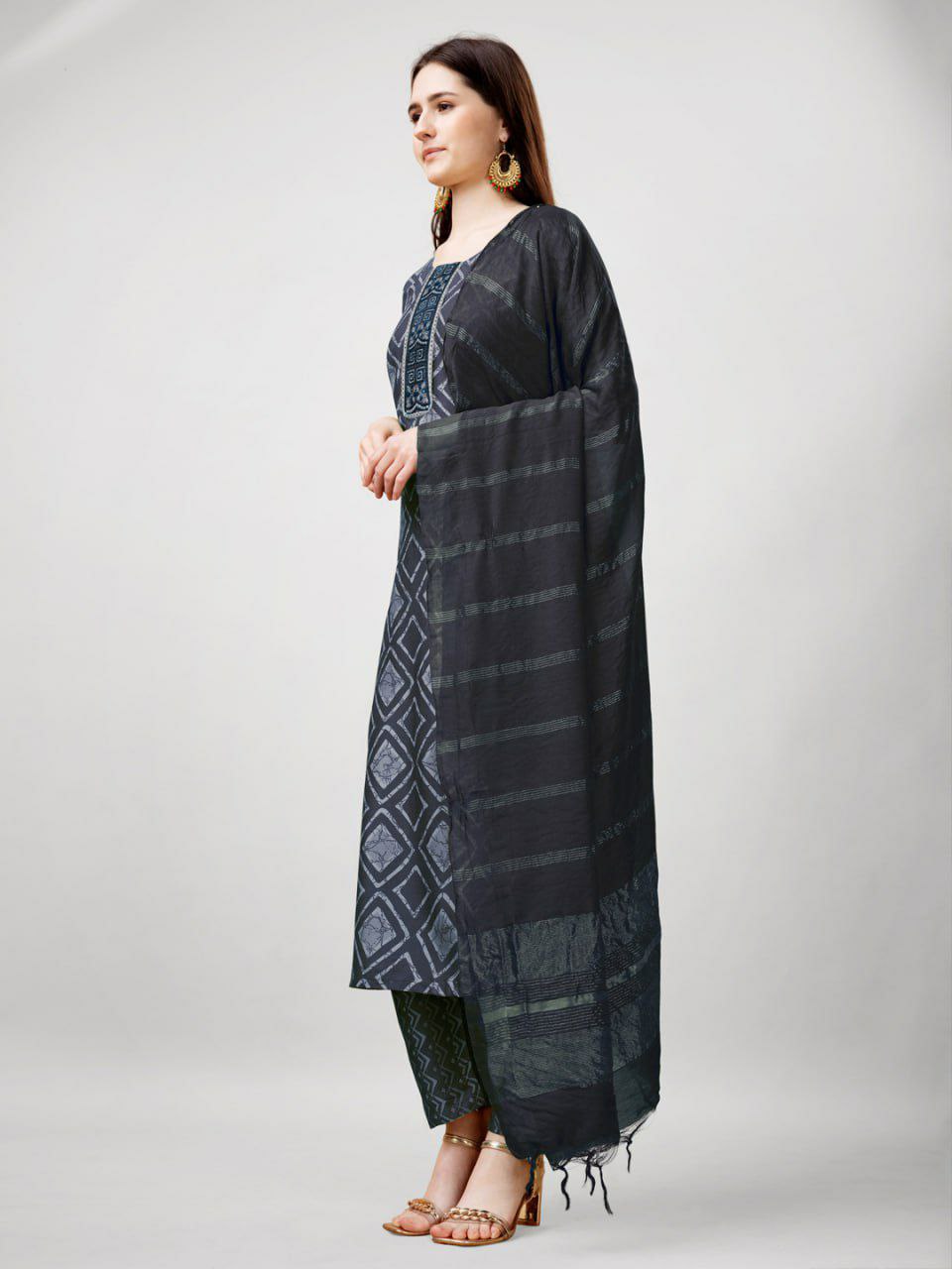 "Elegant Grey Rayon Kurti with Embroidery, Lace Details, Rayon Pants & Silk Blend Dupatta"