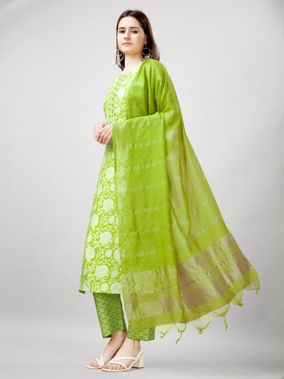 "Elegant Parrot Green Rayon Kurti Set with Embroidery, Fancy Lace, and Silk Blend Dupatta"