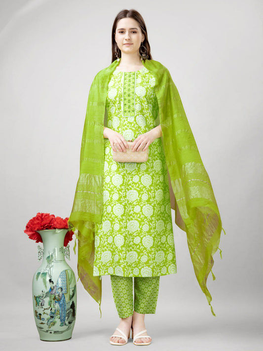 "Elegant Parrot Green Rayon Kurti Set with Embroidery, Fancy Lace, and Silk Blend Dupatta"
