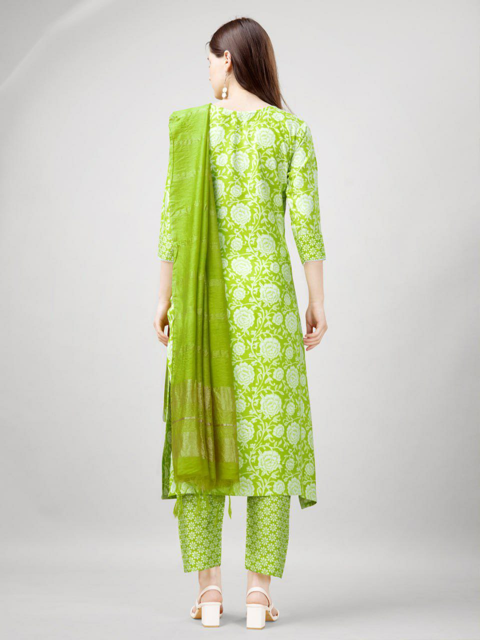 "Elegant Parrot Green Rayon Kurti Set with Embroidery, Fancy Lace, and Silk Blend Dupatta"