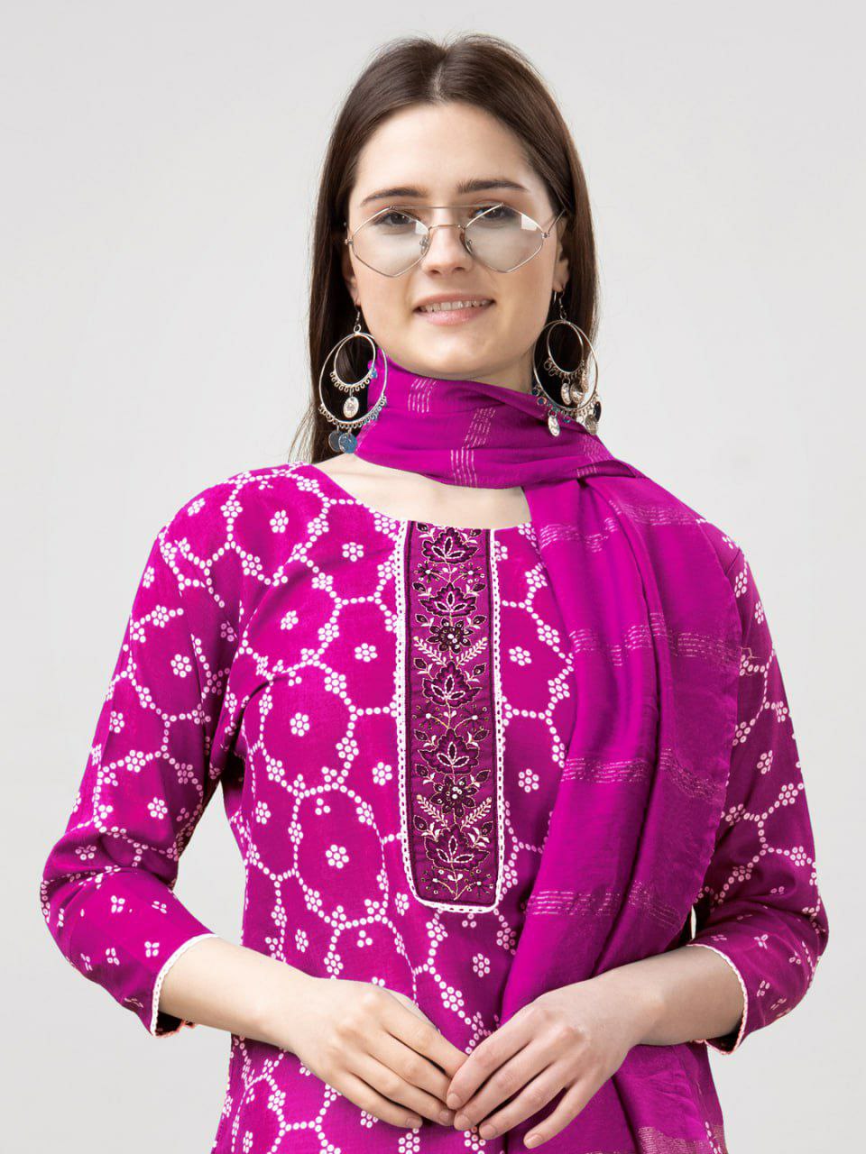 "Elegant Rayon Print Kurti with Embroidery, Fancy Lace Work & Silk Blend Dupatta"