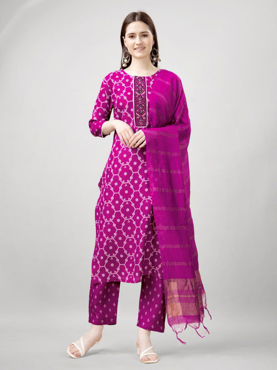 "Elegant Rayon Print Kurti with Embroidery, Fancy Lace Work & Silk Blend Dupatta"