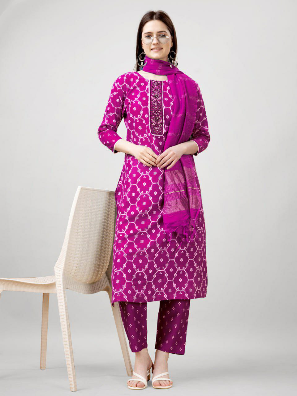 "Elegant Rayon Print Kurti with Embroidery, Fancy Lace Work & Silk Blend Dupatta"