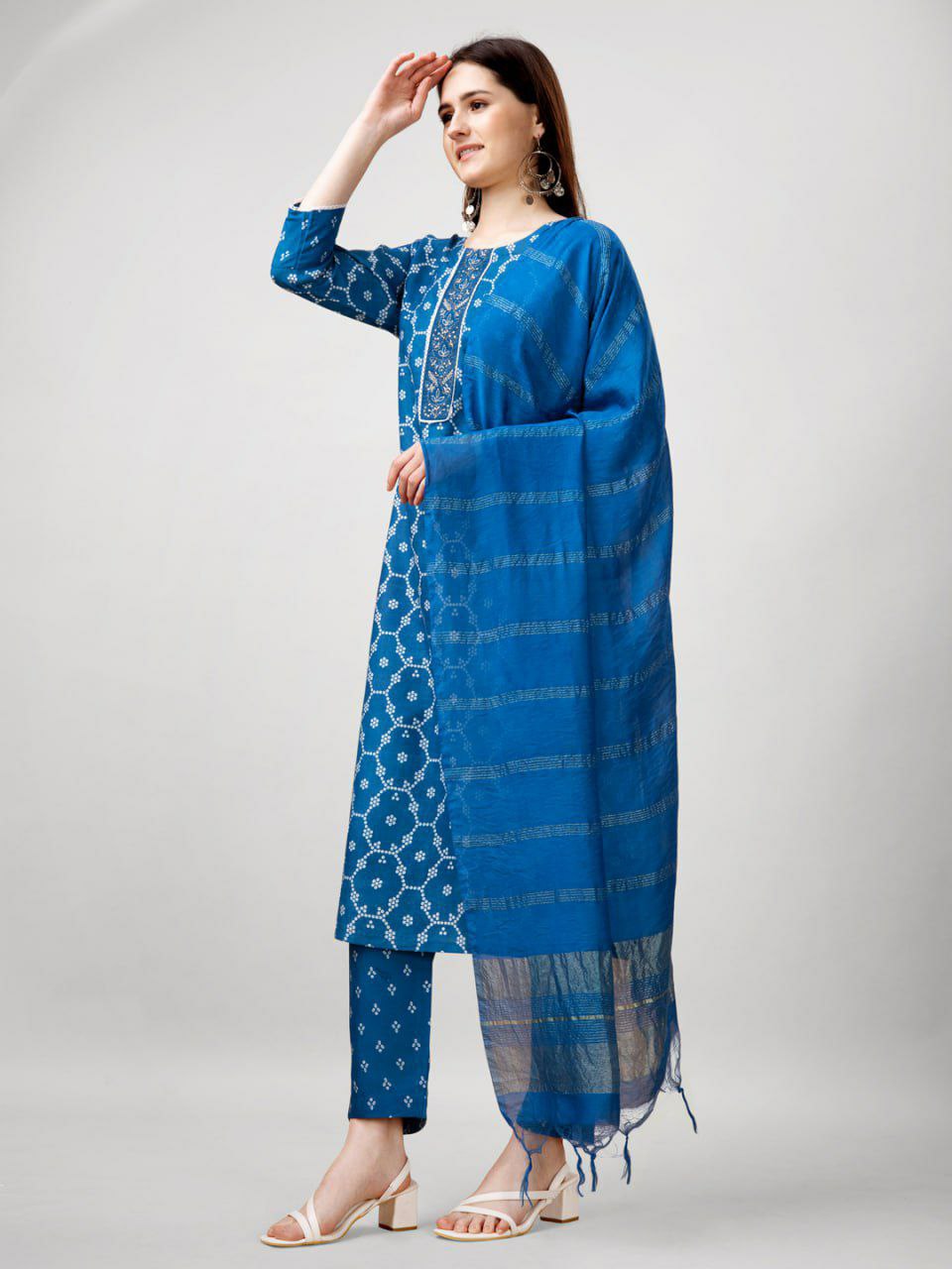 "Elegant Rayon Print Kurti with Embroidery, Fancy Lace Work & Silk Blend Dupatta"