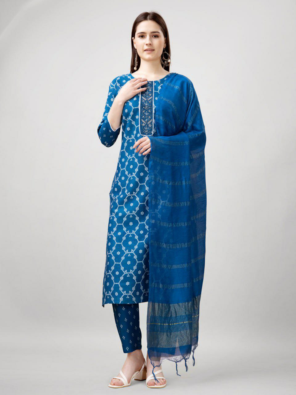 "Elegant Rayon Print Kurti with Embroidery, Fancy Lace Work & Silk Blend Dupatta"