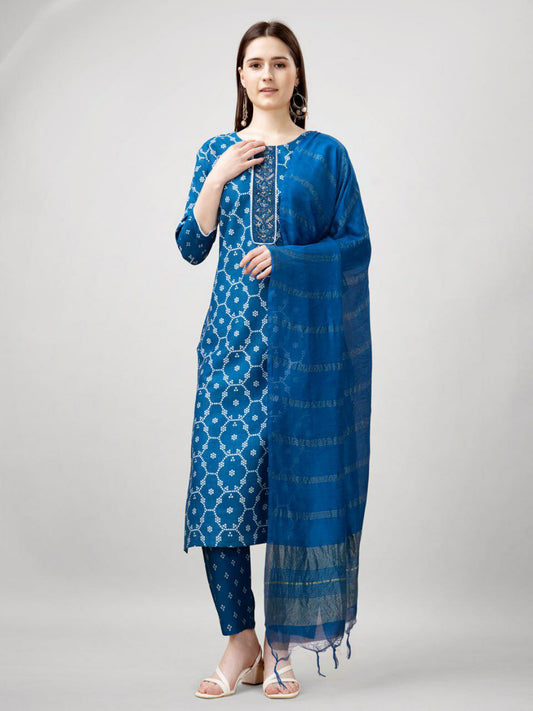 "Elegant Rayon Print Kurti with Embroidery, Fancy Lace Work & Silk Blend Dupatta"