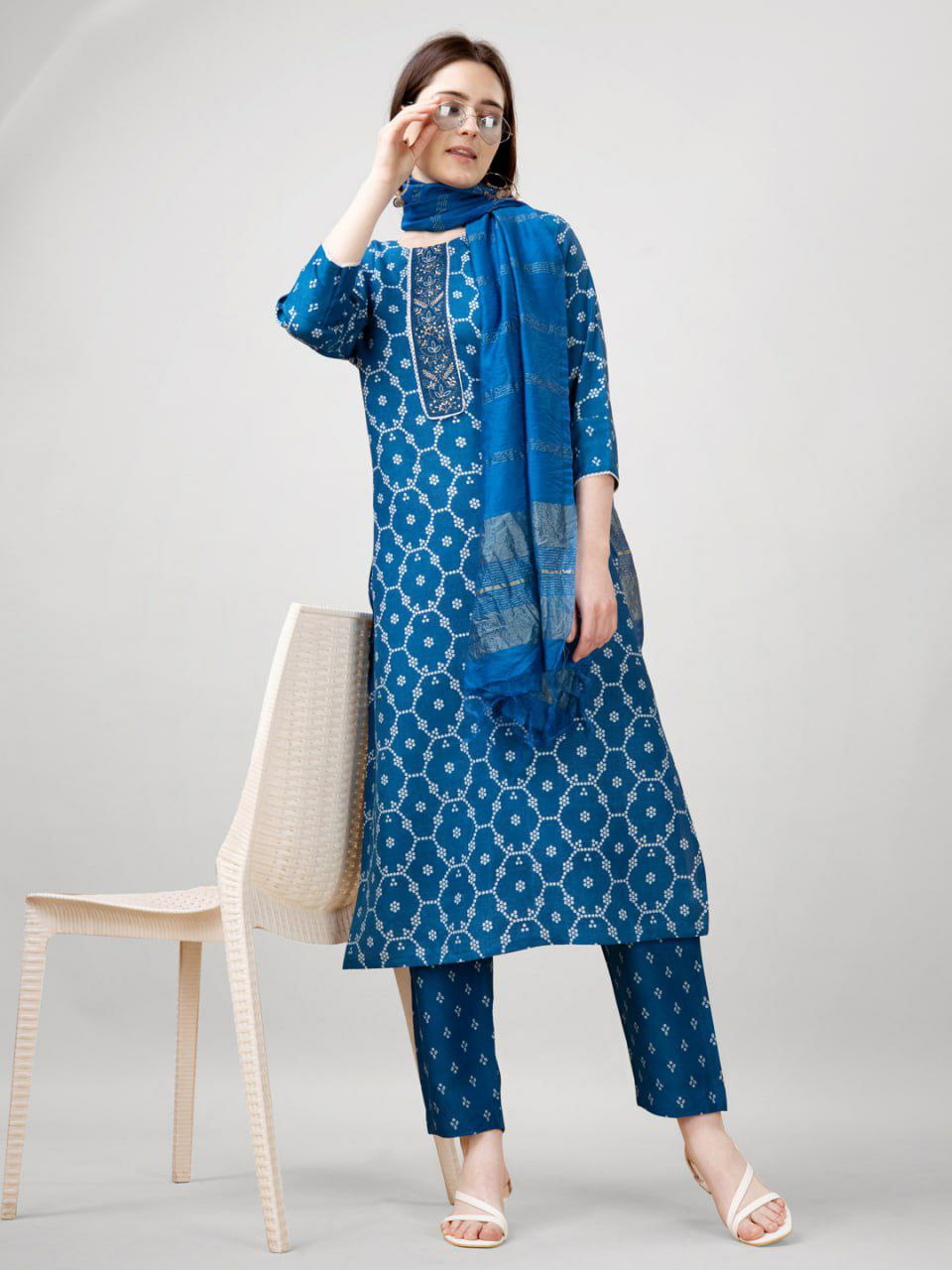 "Elegant Rayon Print Kurti with Embroidery, Fancy Lace Work & Silk Blend Dupatta"