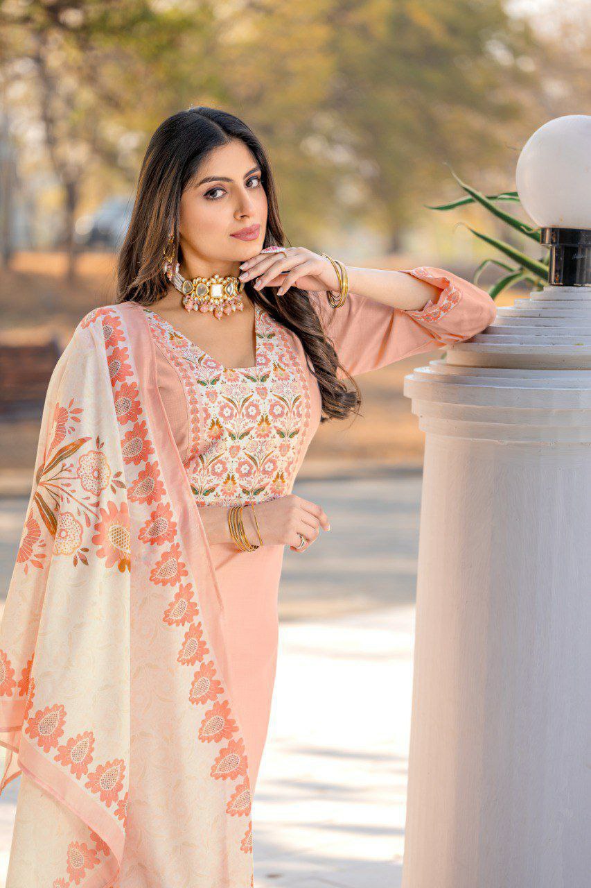 "Peach Cotton Embroidered V-Neck Straight Kurti with Divider Plaza & Printed Mal Cotton Dupatta"