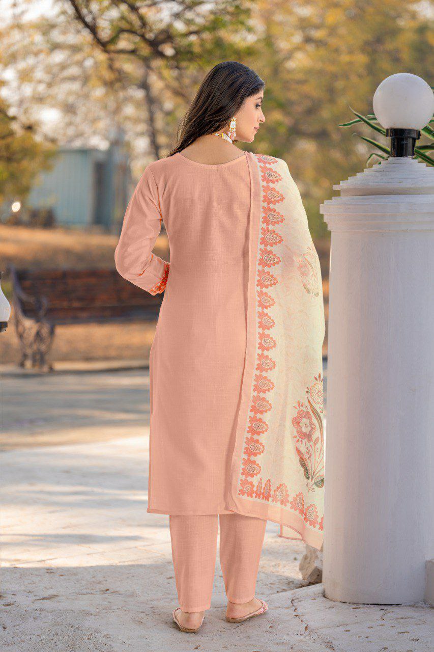 "Peach Cotton Embroidered V-Neck Straight Kurti with Divider Plaza & Printed Mal Cotton Dupatta"