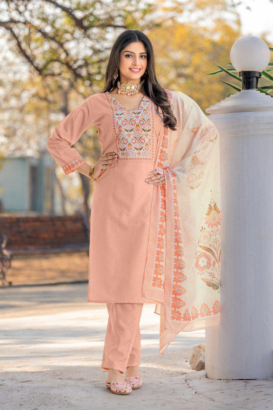 "Peach Cotton Embroidered V-Neck Straight Kurti with Divider Plaza & Printed Mal Cotton Dupatta"