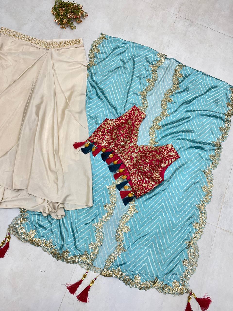 "Elegant Sequence Embroidered Ensemble: Tube Blouse, Draped Skirt & Shrug"