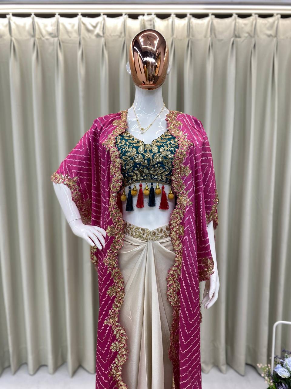 "Elegant Sequence Embroidered Ensemble: Tube Blouse, Draped Skirt & Shrug"