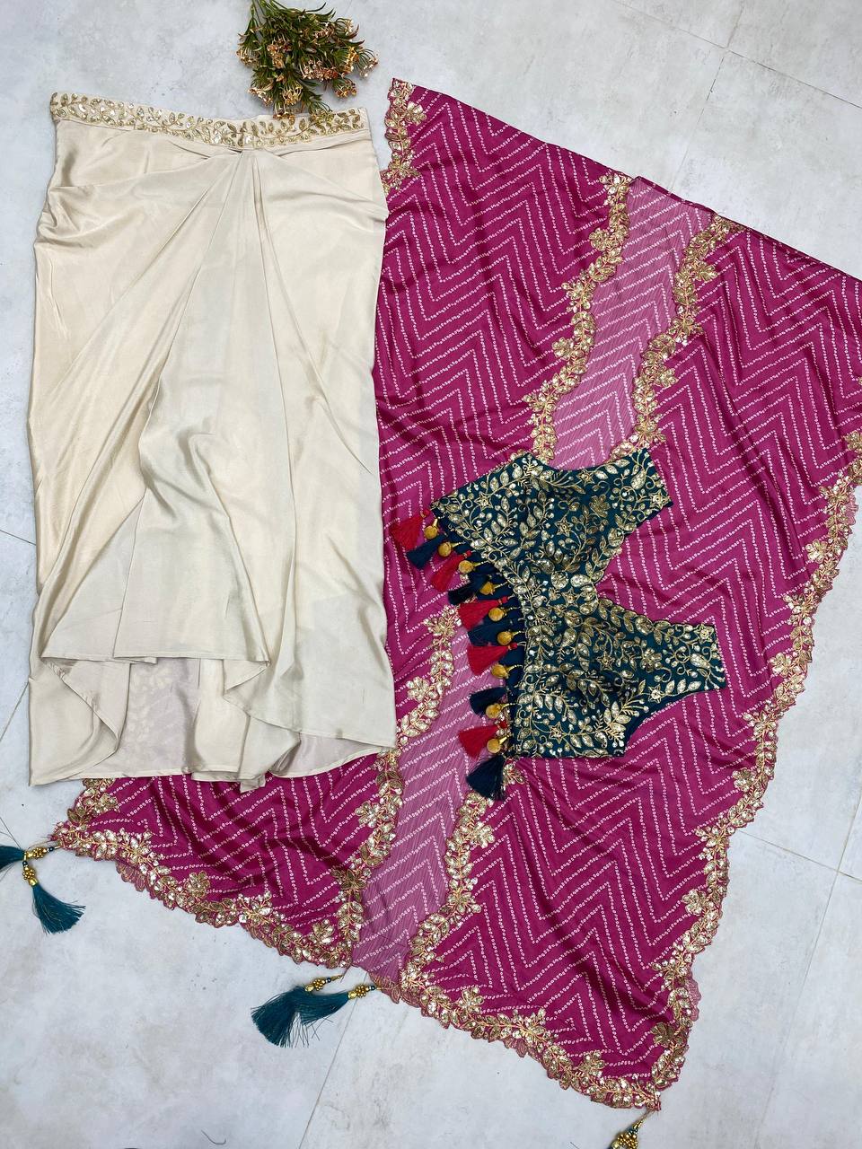 "Elegant Sequence Embroidered Ensemble: Tube Blouse, Draped Skirt & Shrug"