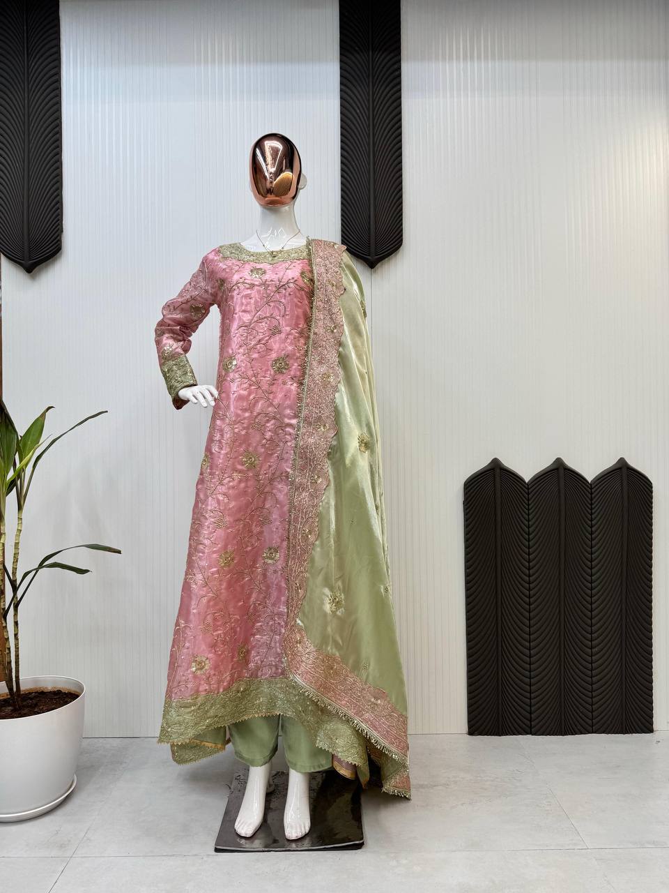 "Elegant Jimmy Choo Sequence Embroidered Ensemble with Dupatta & Pant Set"