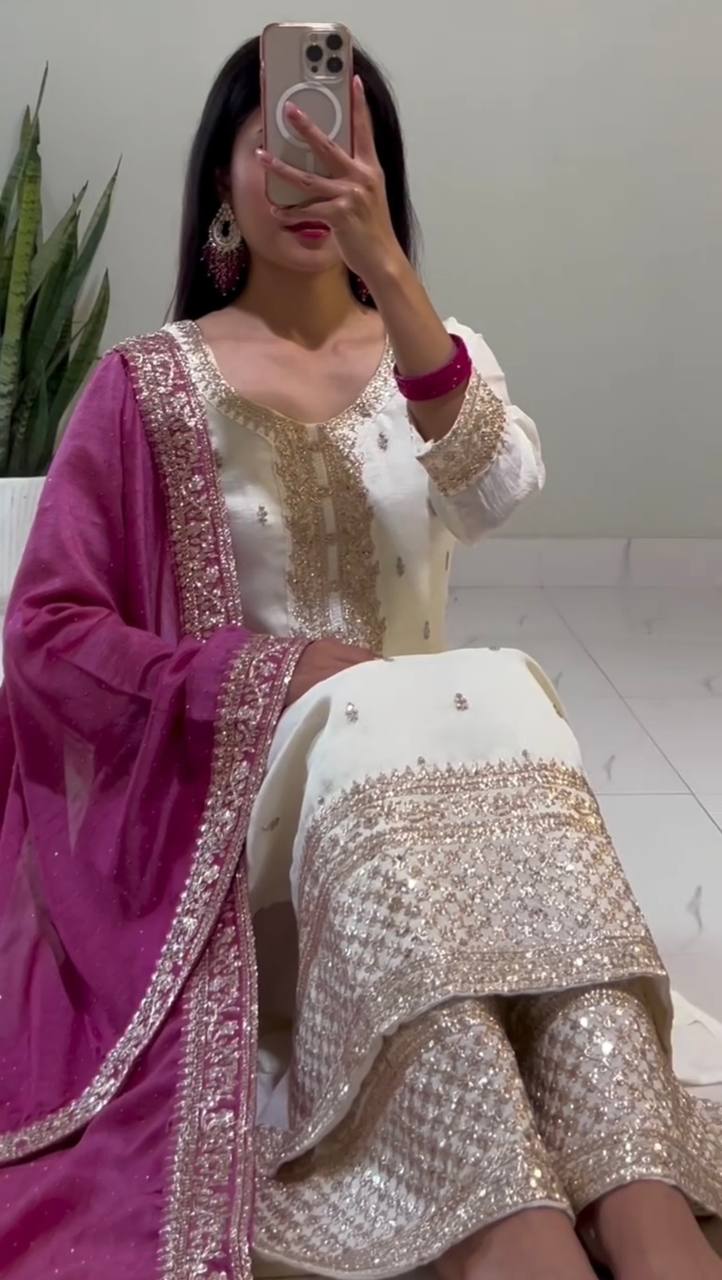 "Elegant Chinnon Silk Ensemble with Heavy Embroidery & Sequence Work"