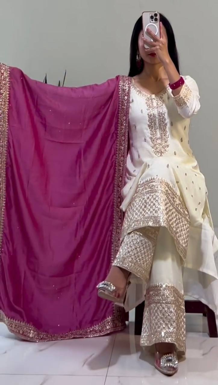 "Elegant Chinnon Silk Ensemble with Heavy Embroidery & Sequence Work"