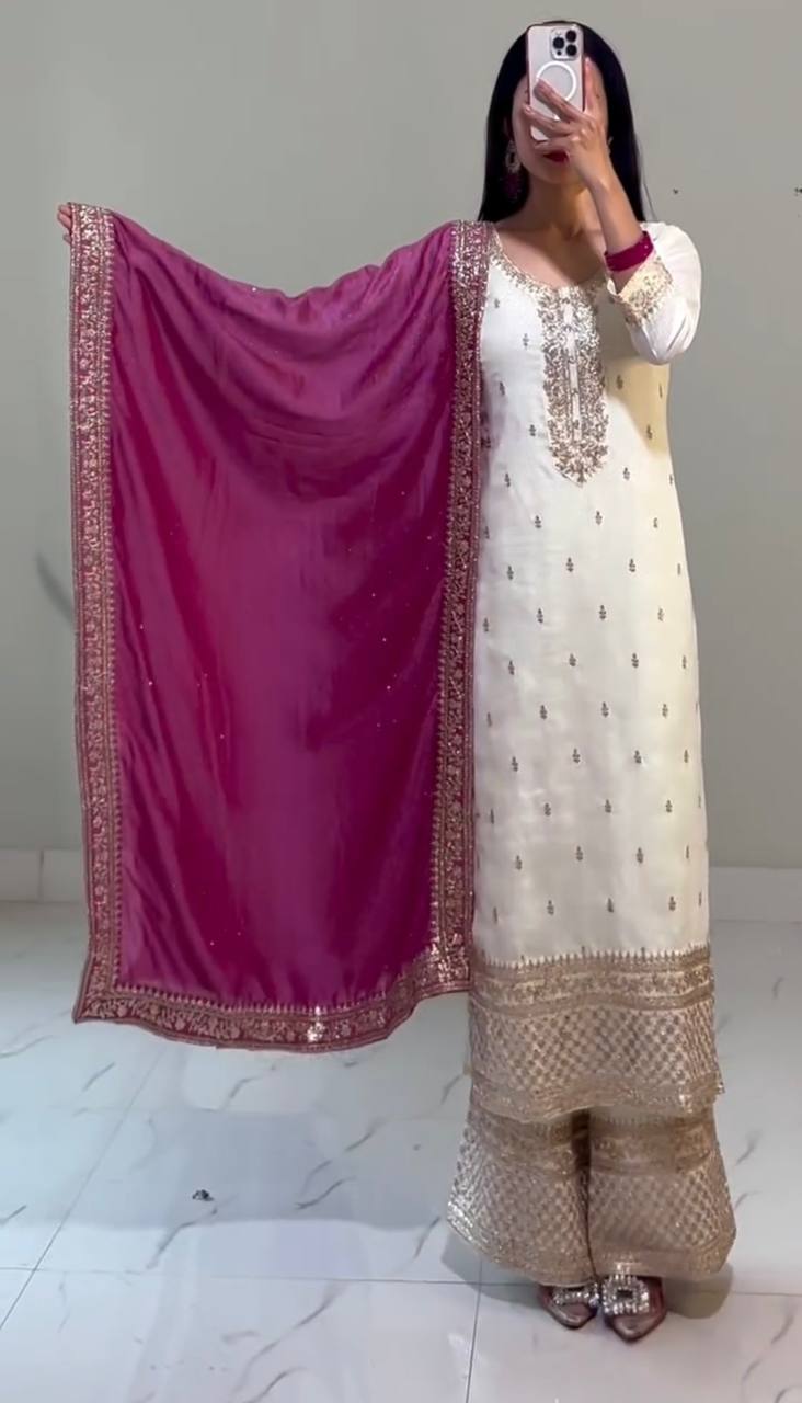 "Elegant Chinnon Silk Ensemble with Heavy Embroidery & Sequence Work"