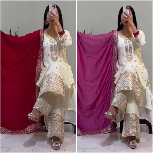 "Elegant Chinnon Silk Ensemble with Heavy Embroidery & Sequence Work"