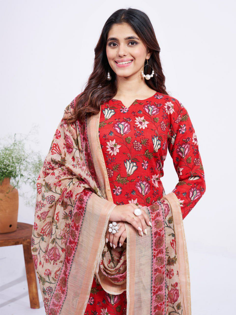 "Red Cotton Blend Printed Kurti, Pant & Dupatta Set"