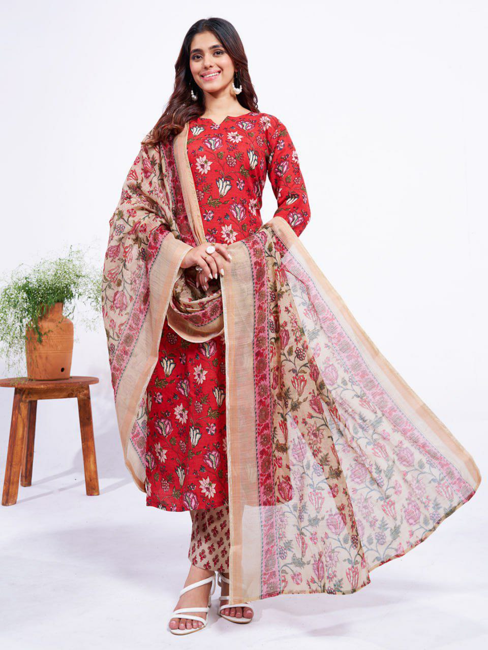 "Red Cotton Blend Printed Kurti, Pant & Dupatta Set"