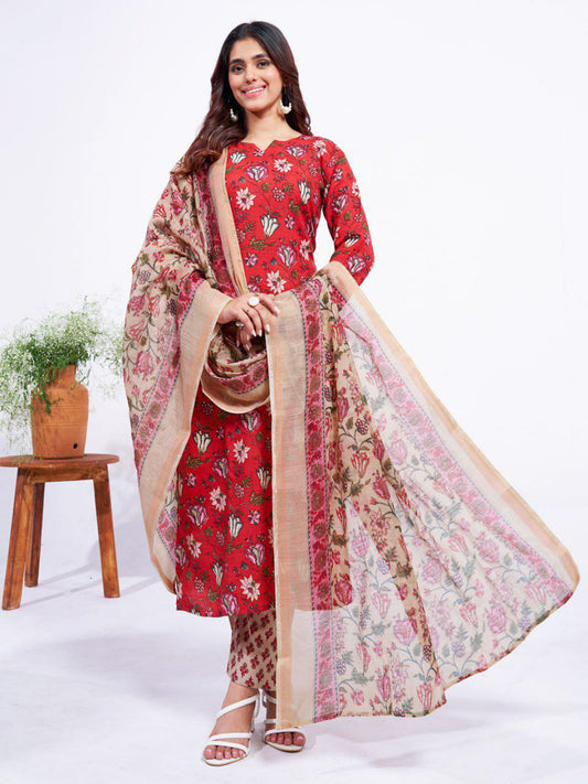 "Red Cotton Blend Printed Kurti, Pant & Dupatta Set"