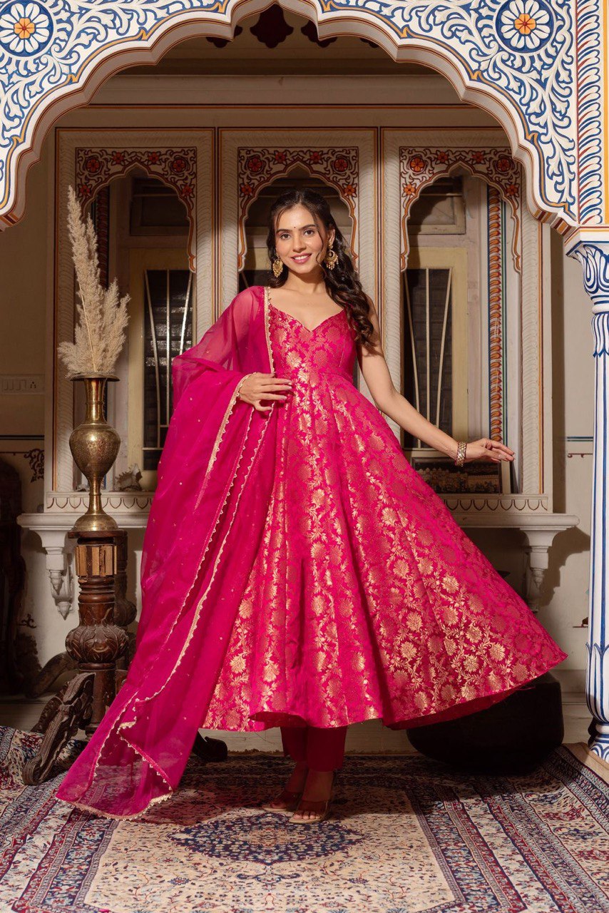 "Elegant Jacquard Silk Ensemble with Cotton Micro Pants & Soft Butterfly Net Dupatta"
