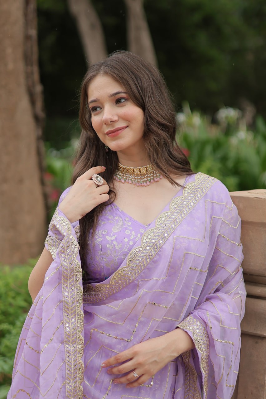 Pure Dyable Viscose Jacquard with Golden Embroidered Sequins Work  Lehenga with Blouse