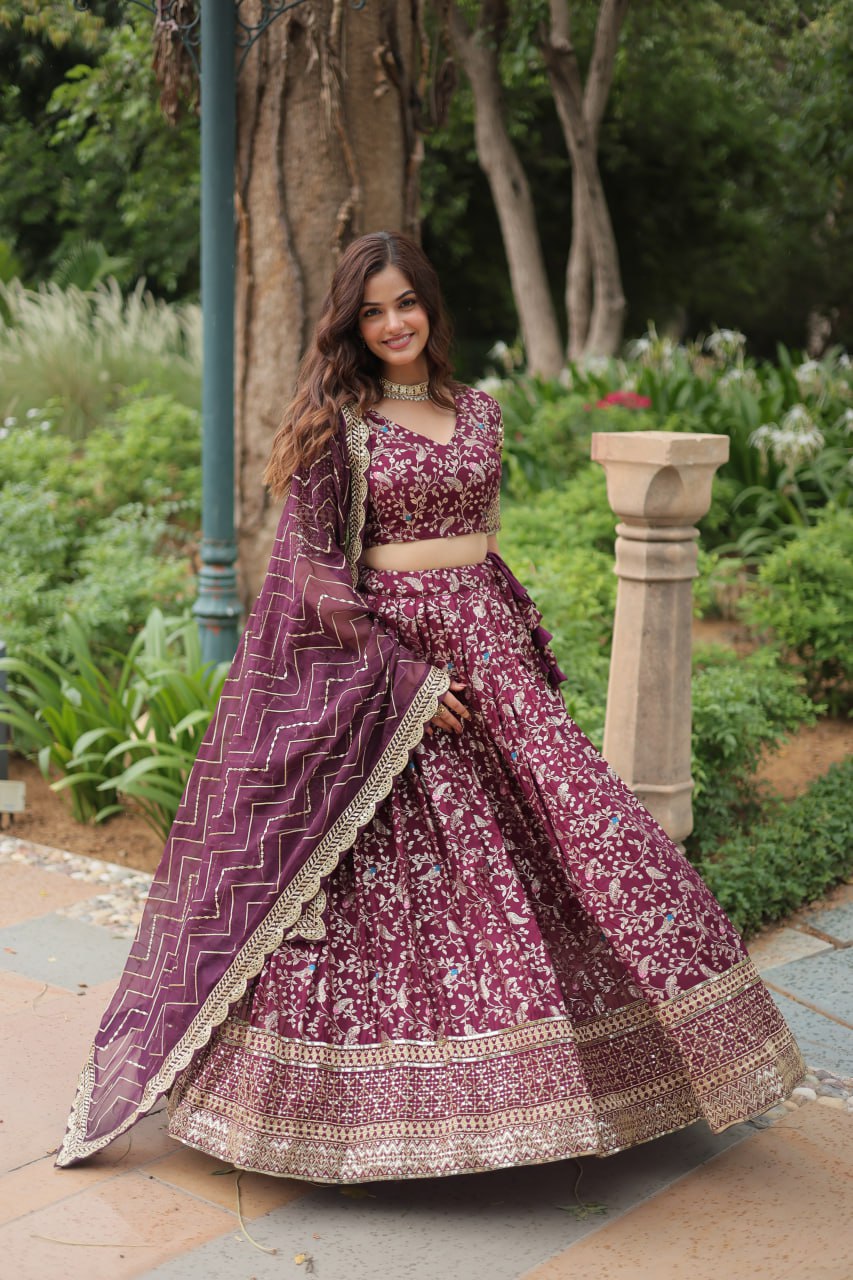Pure Dyable Viscose Jacquard with Golden Embroidered Sequins Work  Lehenga with Blouse