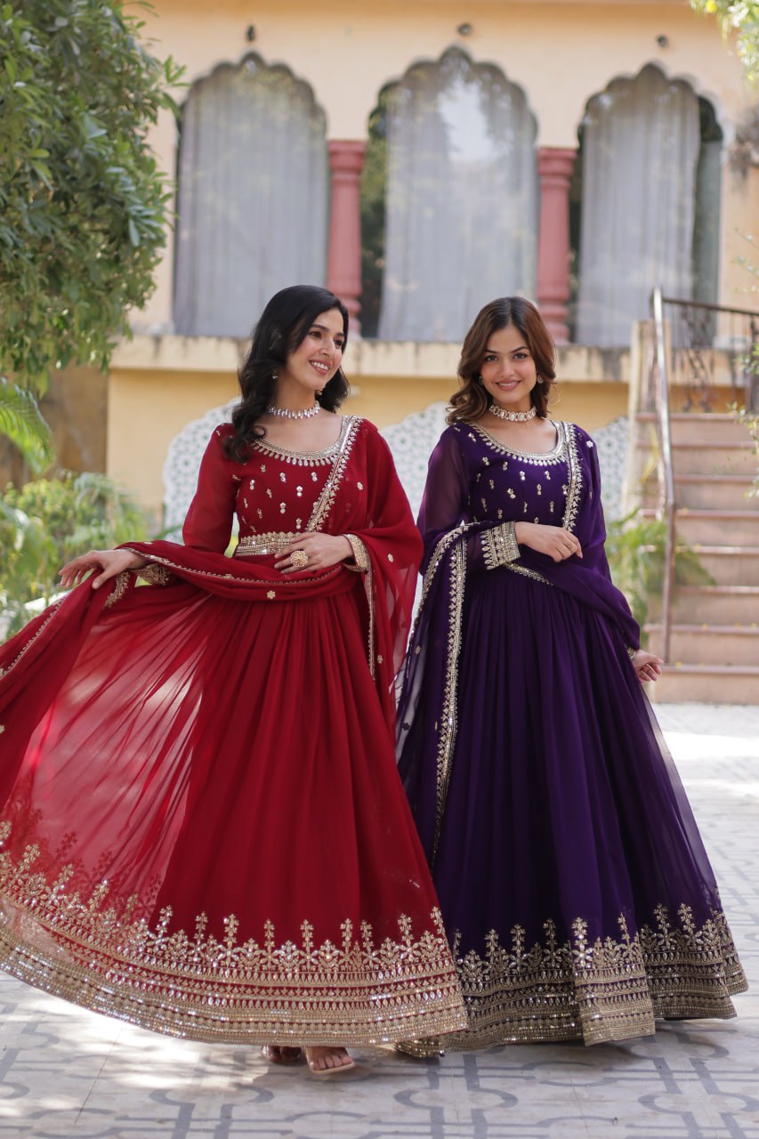 "Elegant Faux Blooming Embroidered Gown with Sequins and Designer Dupatta Set"