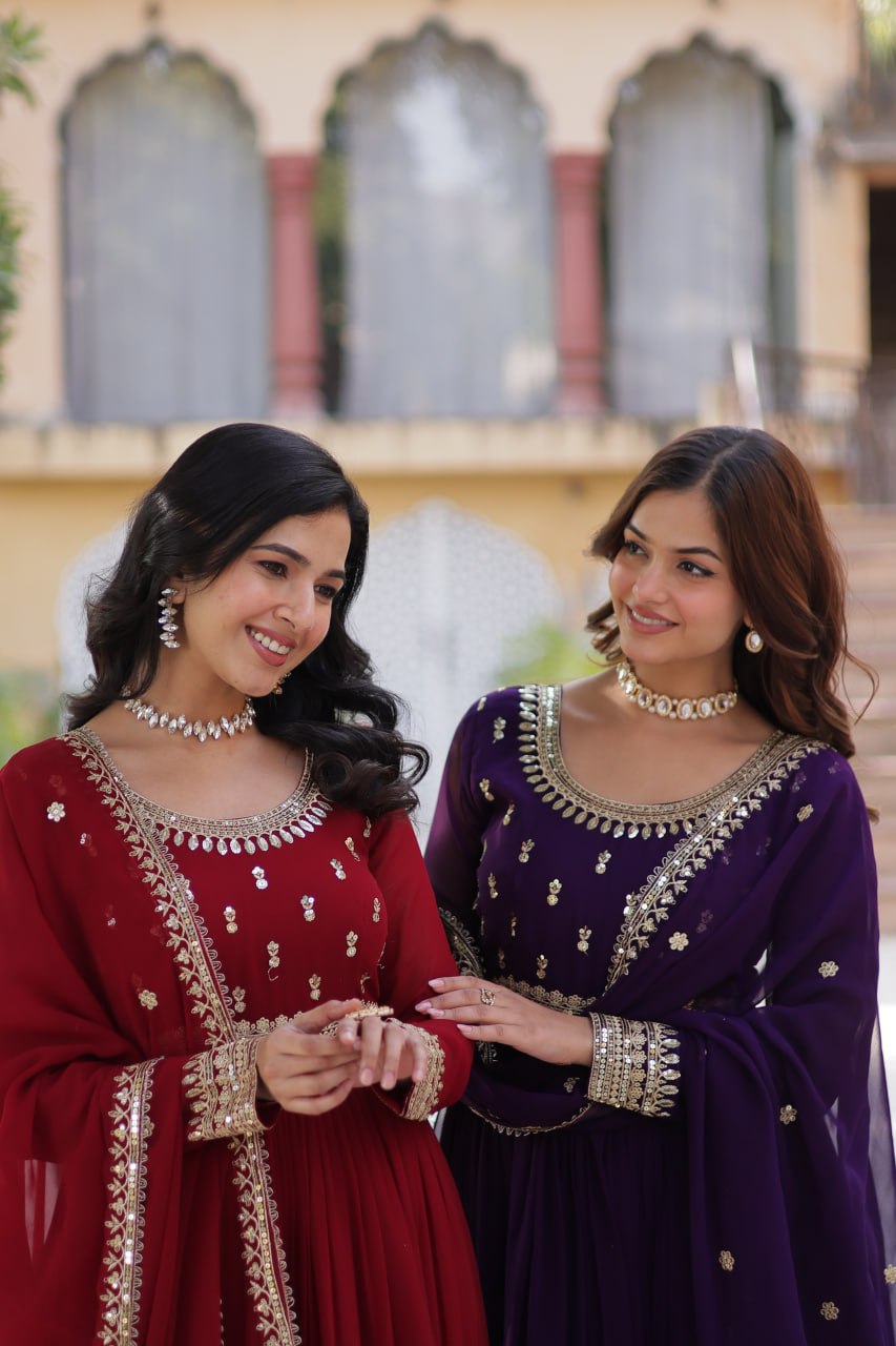 "Elegant Faux Blooming Embroidered Gown with Sequins and Designer Dupatta Set"