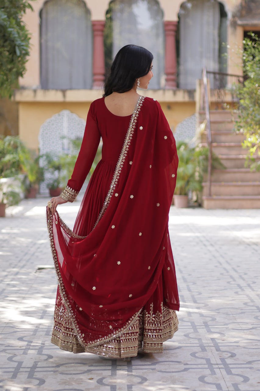 "Elegant Faux Blooming Embroidered Gown with Sequins and Designer Dupatta Set"