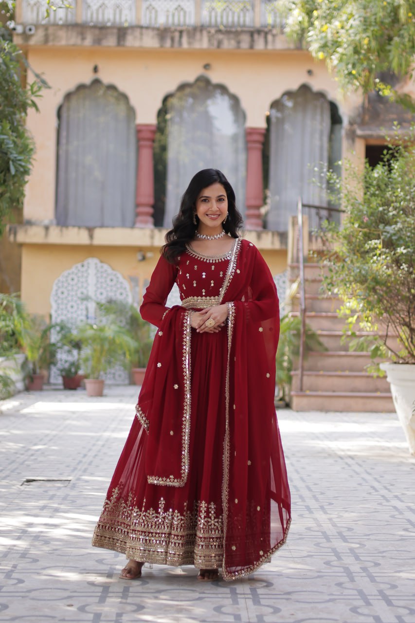 "Elegant Faux Blooming Embroidered Gown with Sequins and Designer Dupatta Set"