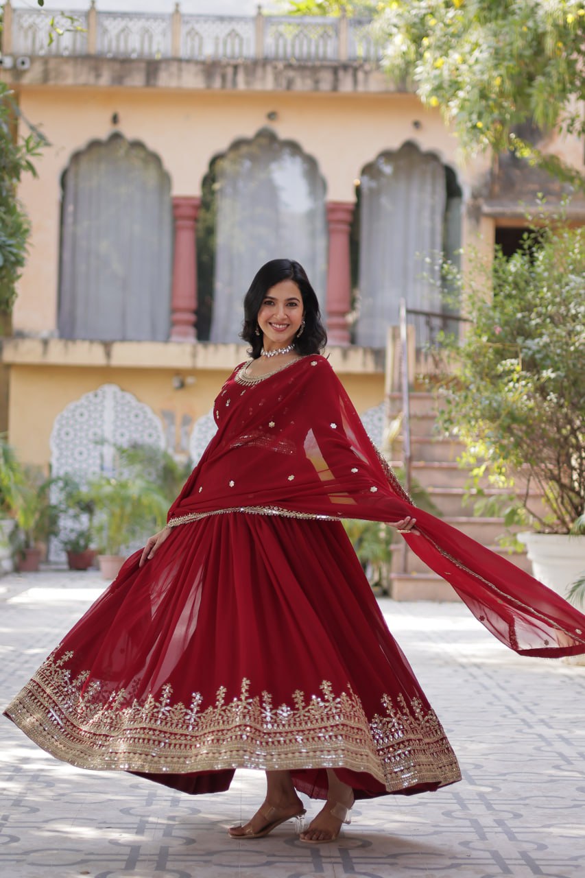 "Elegant Faux Blooming Embroidered Gown with Sequins and Designer Dupatta Set"