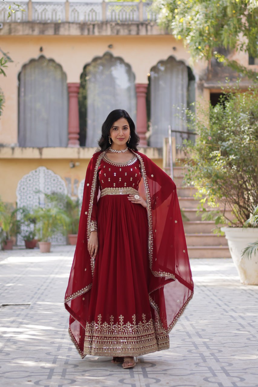 "Elegant Faux Blooming Embroidered Gown with Sequins and Designer Dupatta Set"