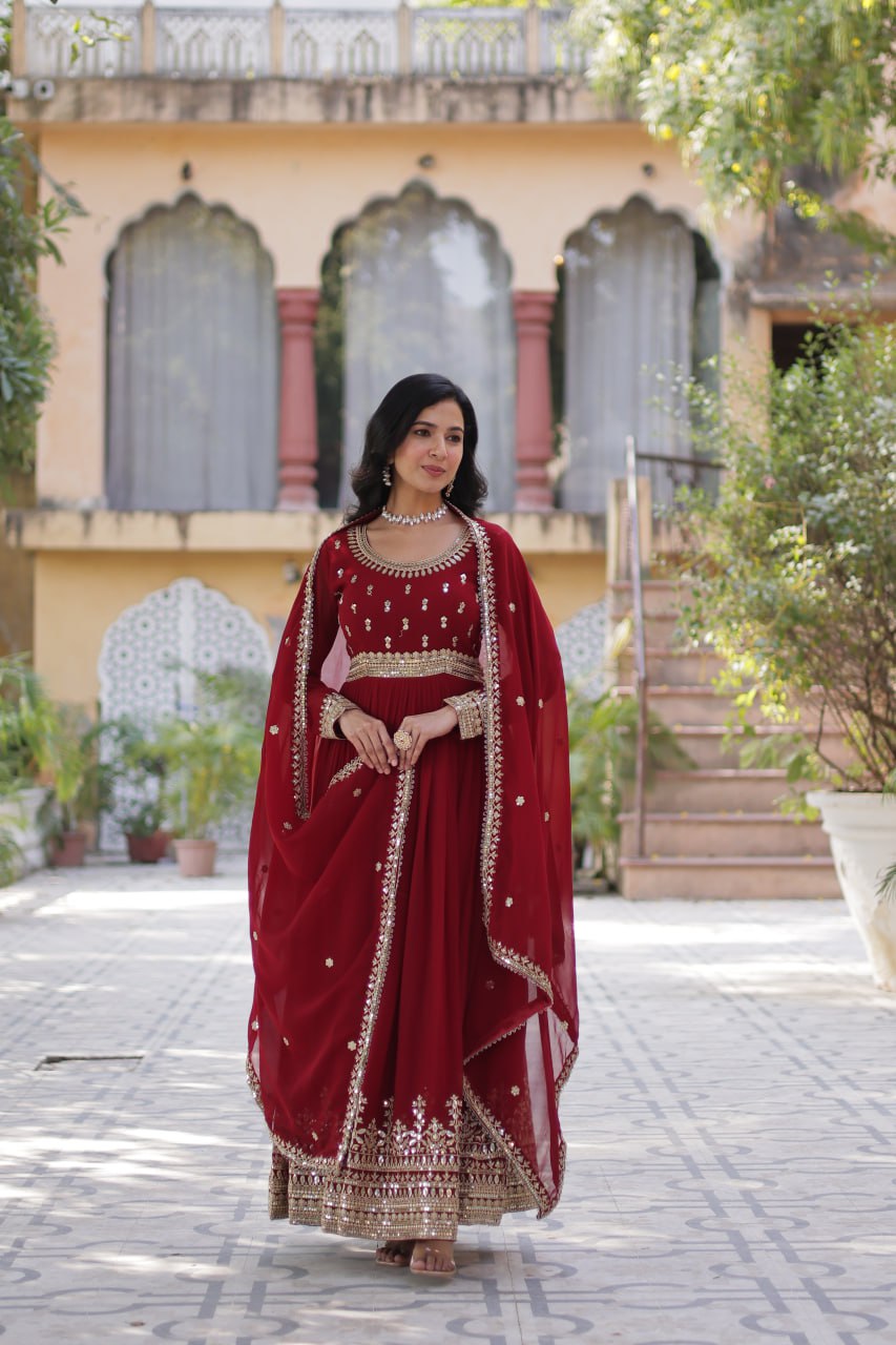 "Elegant Faux Blooming Embroidered Gown with Sequins and Designer Dupatta Set"