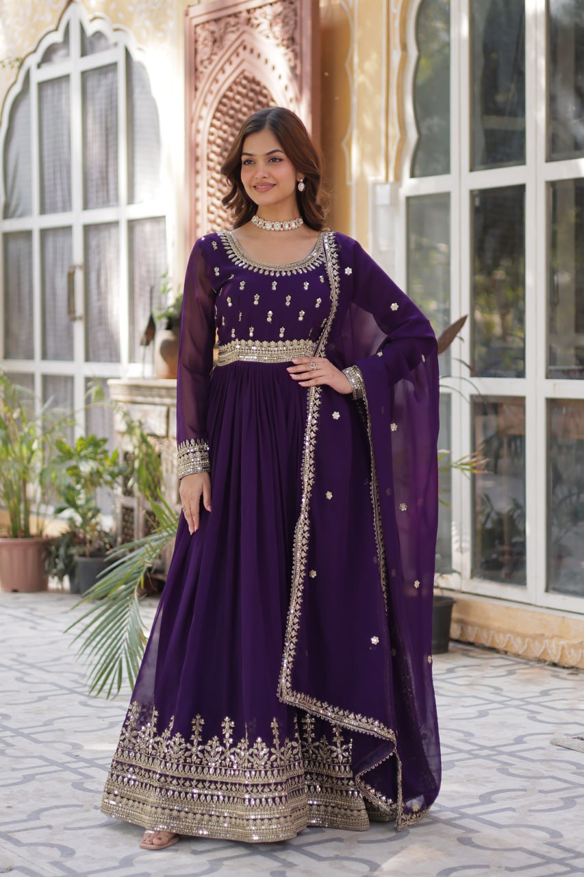 "Elegant Faux Blooming Embroidered Gown with Sequins and Designer Dupatta Set"