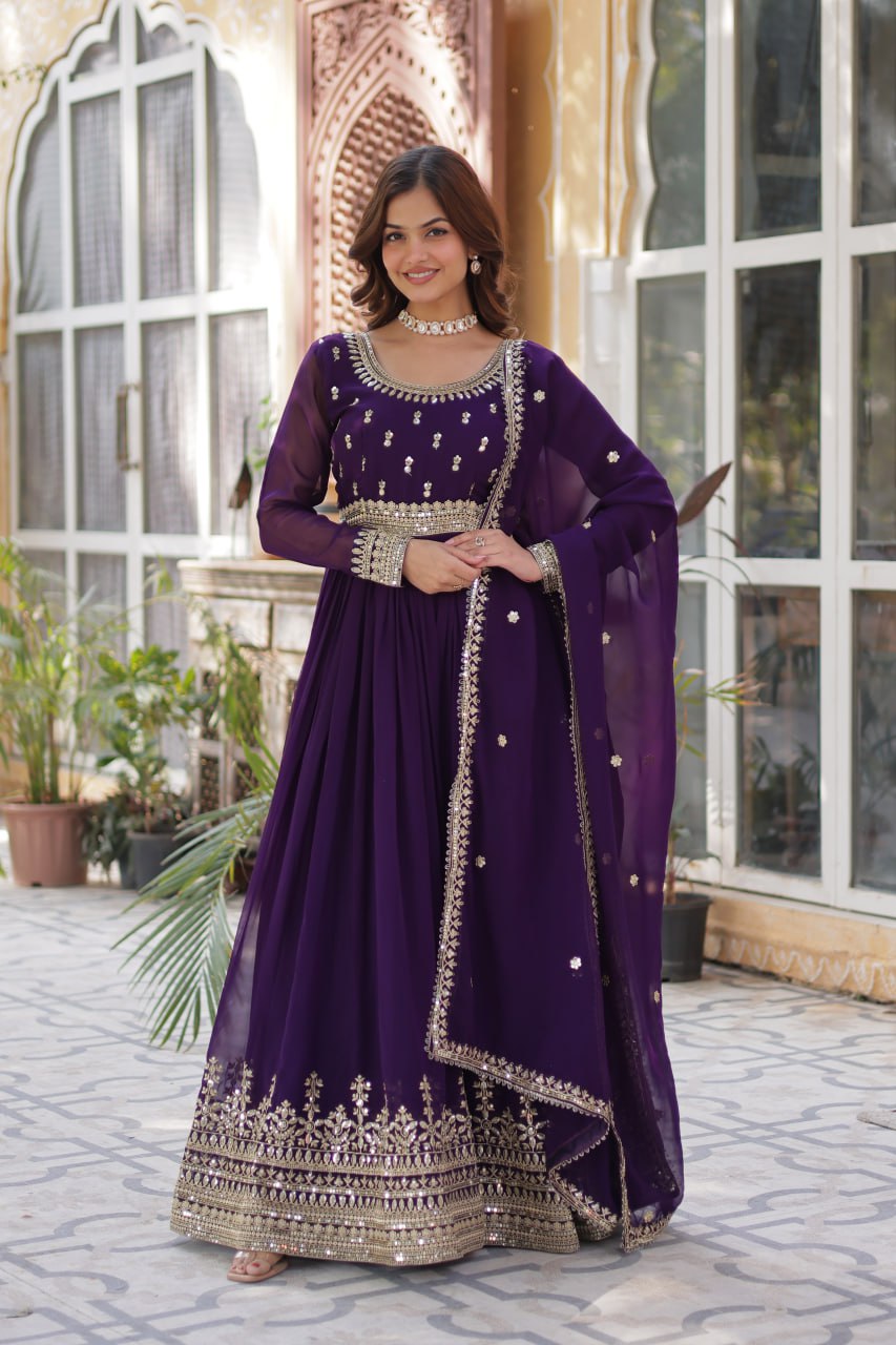 "Elegant Faux Blooming Embroidered Gown with Sequins and Designer Dupatta Set"