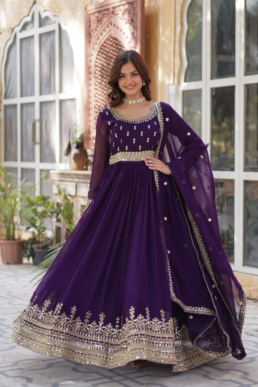 "Elegant Faux Blooming Embroidered Gown with Sequins and Designer Dupatta Set"