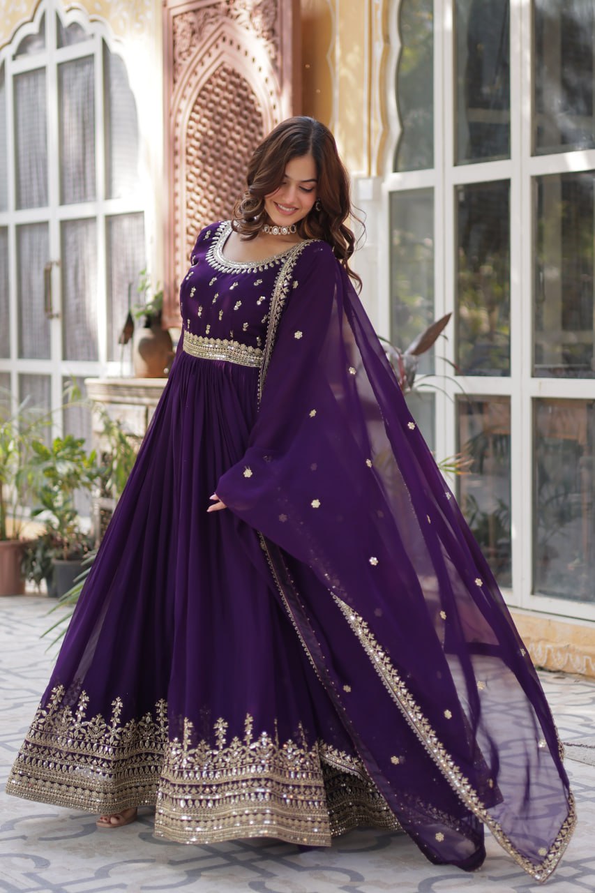 "Elegant Faux Blooming Embroidered Gown with Sequins and Designer Dupatta Set"